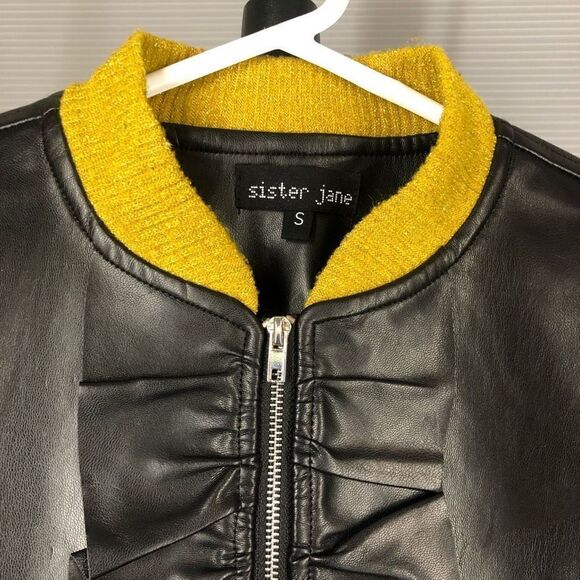 SISTER JANE‎ NWT Black Faux Leather Yellow Trim Bomber Jacket Sz S - Picture 5 of 6